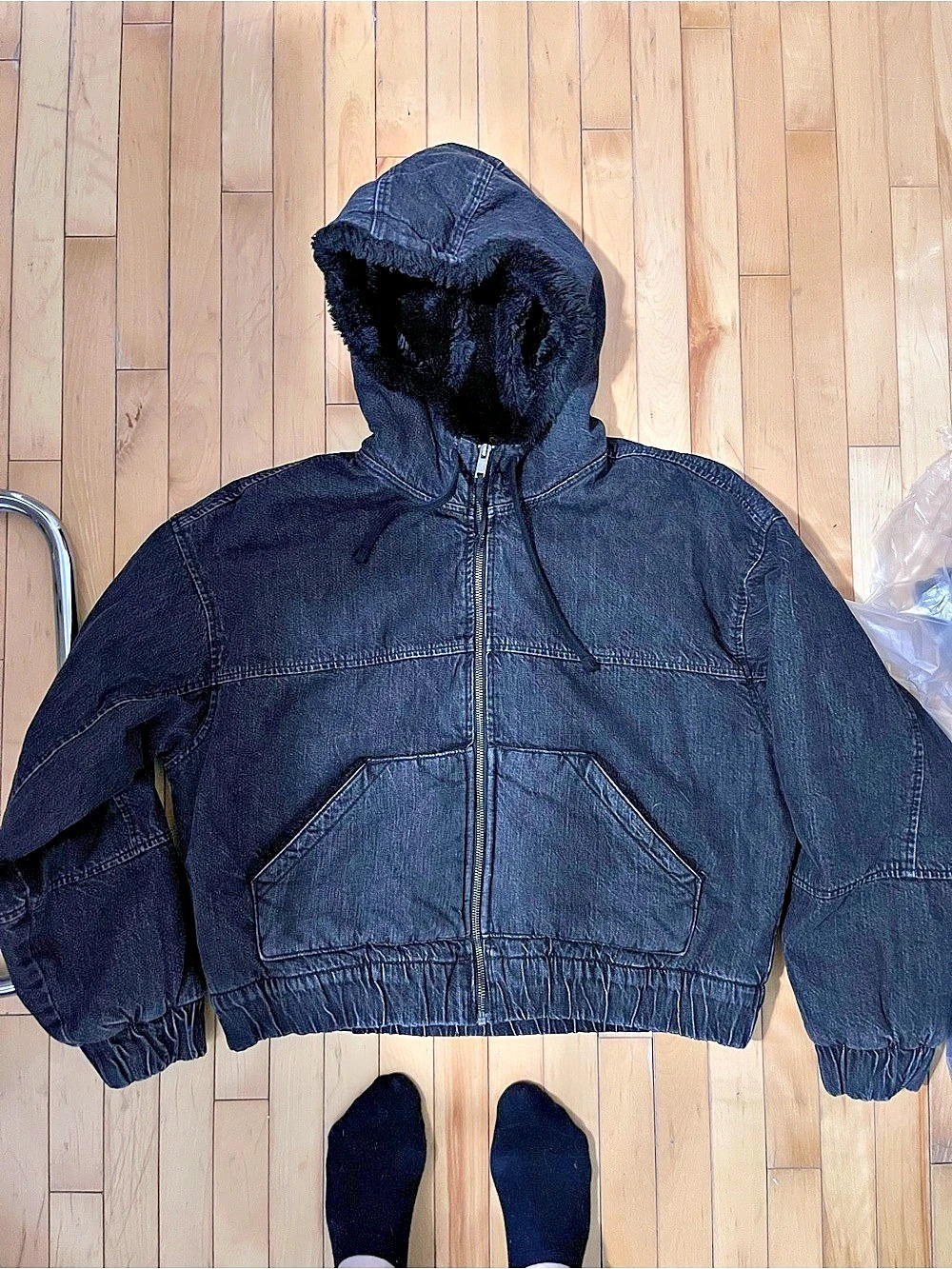 American Eagle AE Denim Sherpa Lined Hooded Bomber Jacket Black Large